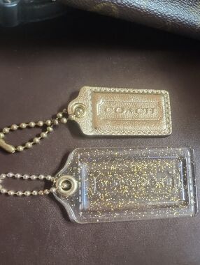 Coach Golden Leather Tag & Lg. Glitter Clear Acrylic Tags Euc